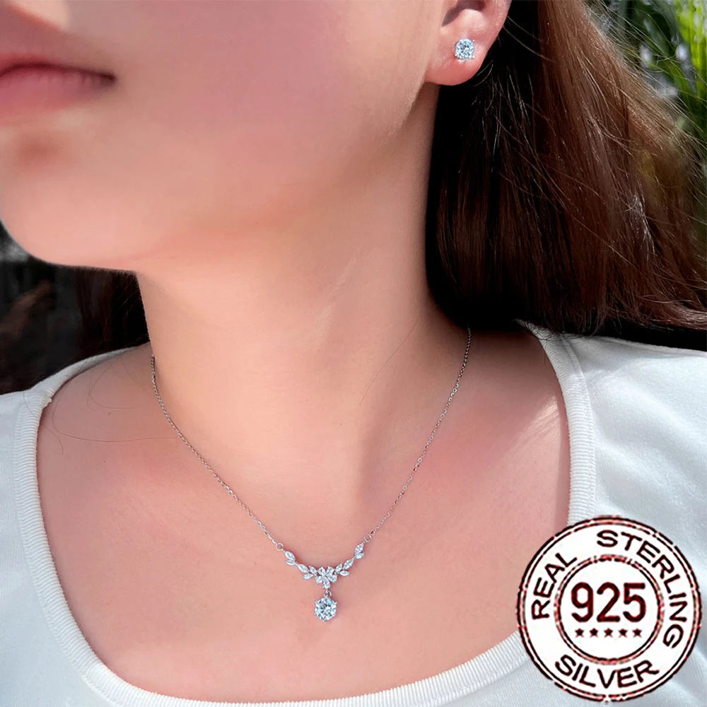 Delicate Zircons 925 Sterling Silver Leaf Flower Jewelry Set