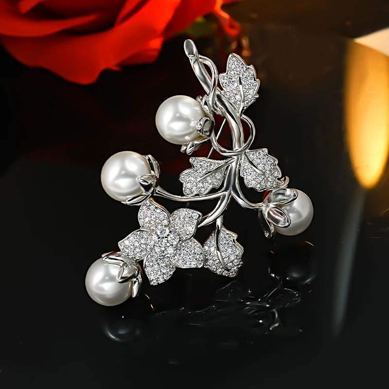 Vintage Camellia Vine Zircon Brooch with Shell-Pearl
