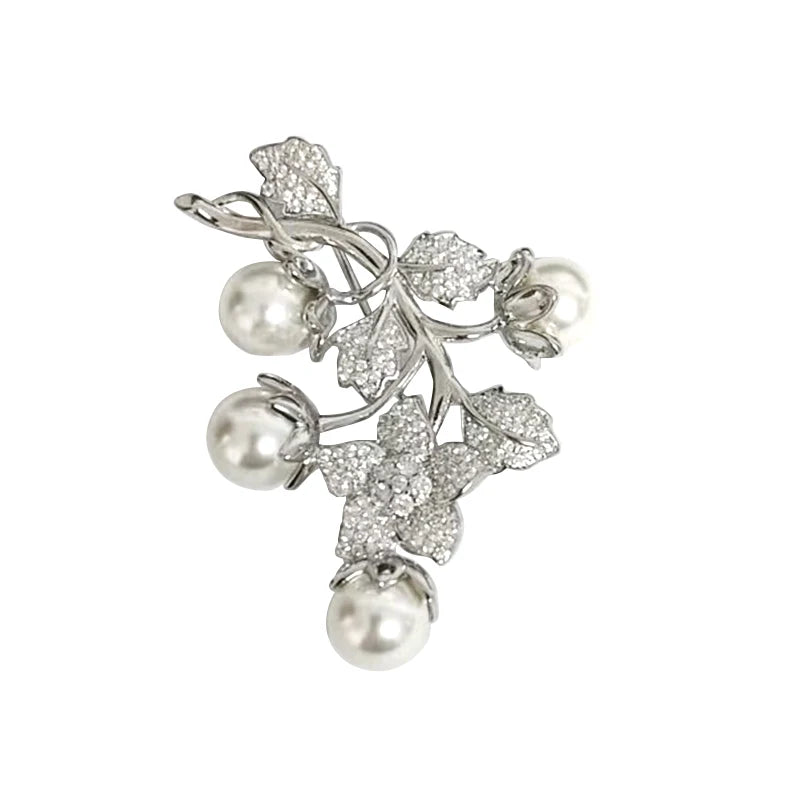 Vintage Camellia Vine Zircon Brooch with Shell-Pearl