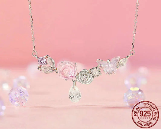 Enchanting Butterfly Flower 925 Sterling Silver Necklace