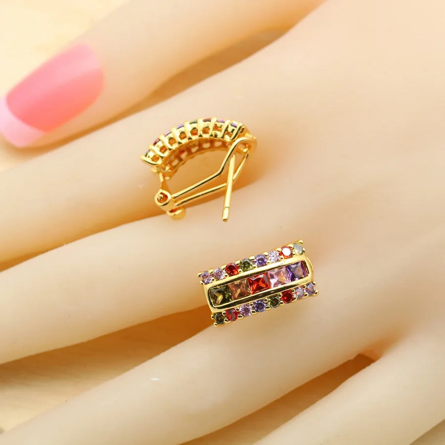 Vibrant Square Multicolor Zirconia Gold-Plated Jewelry Set