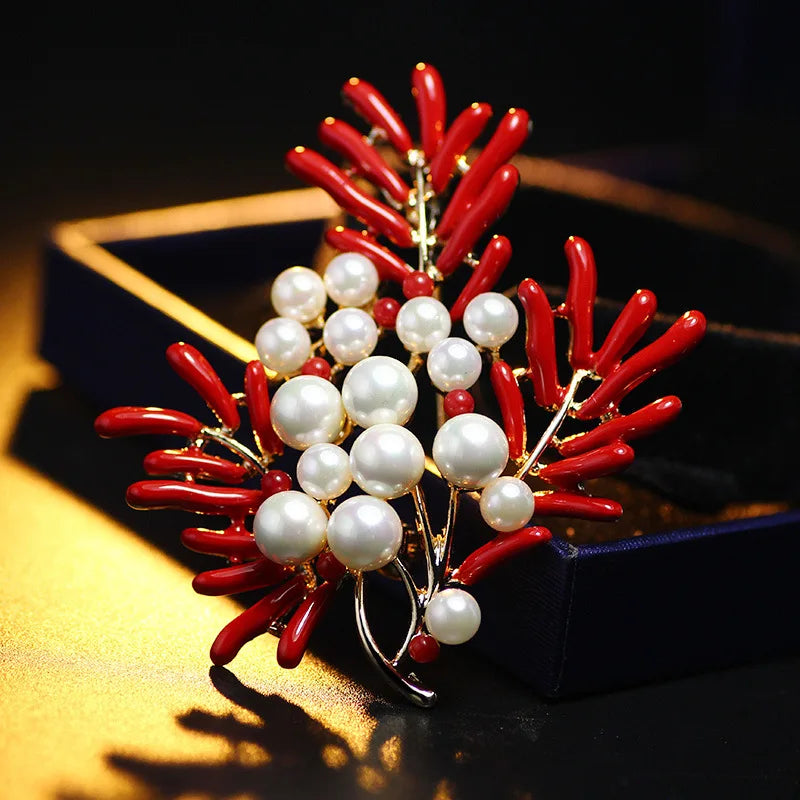 Luxury  Red Maple Leaf Coral Pearl Brooch