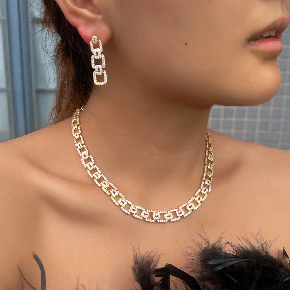 Sleek CWW Cubic Zirconia Cuban Chain Link Necklace and Earrings Jewelry Sets