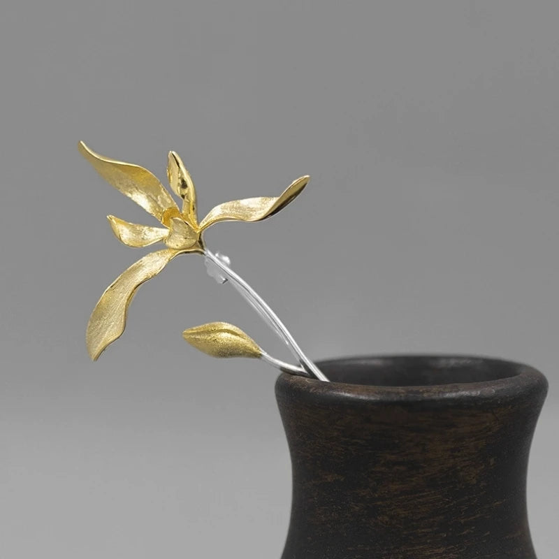 Trendy 925 Sterling Silver 3D Orchid Flower Brooch