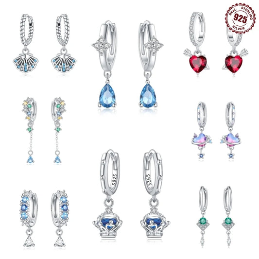 Adorable Color Heart Charm 925 Sterling Silver Hoop Earrings