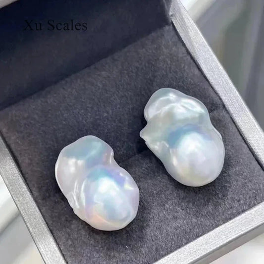 Exquisite Natural Fresh Water Irregular Aurora Bright White Baroque Pearl Earrings