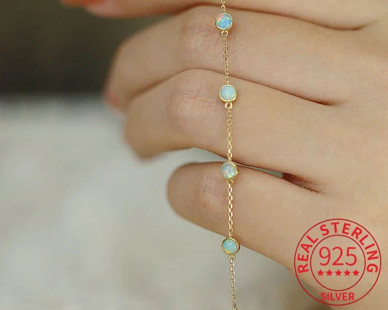 Minimalist 925 Sterling Silver Round Opal 18K Gold Chain Bracelet