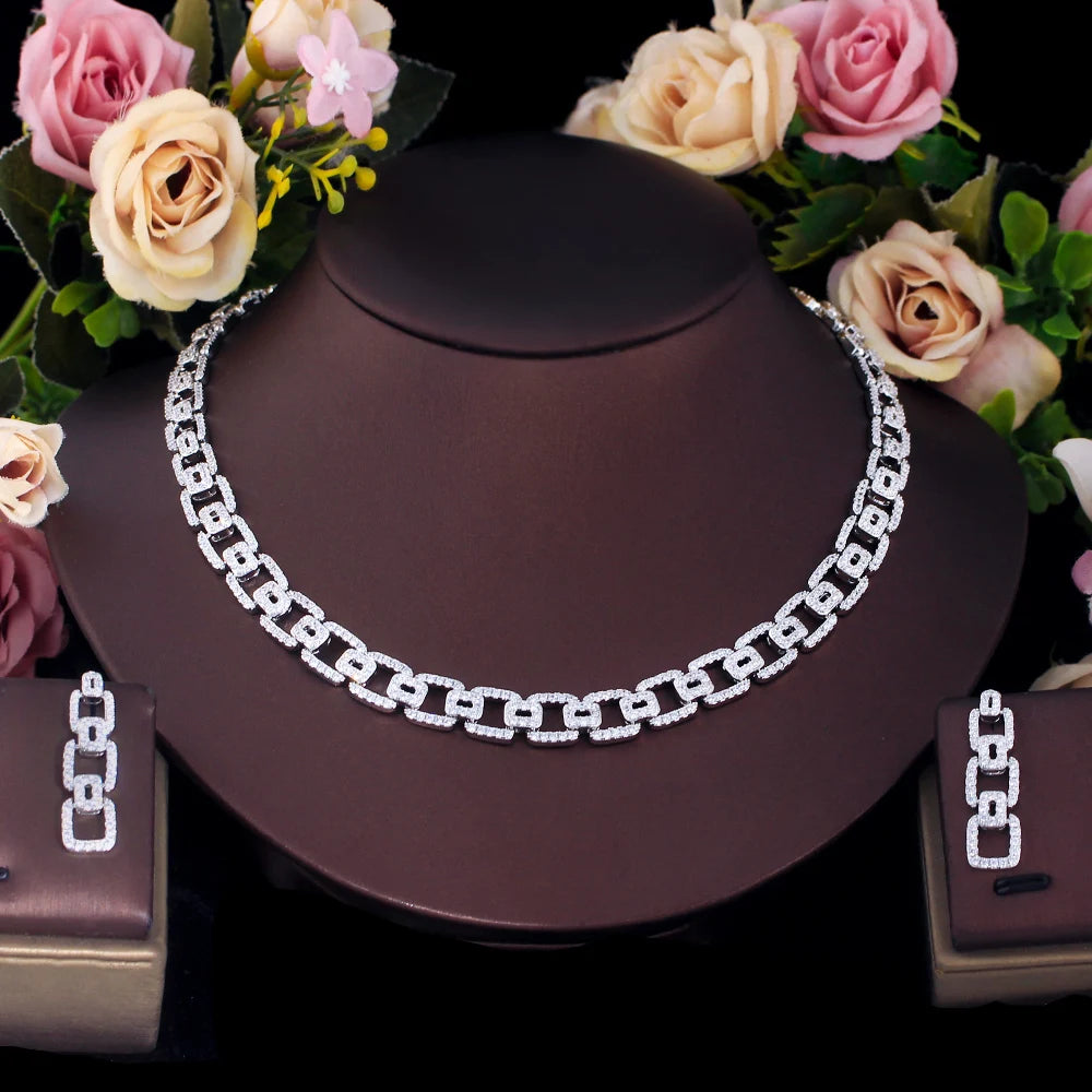 Sleek CWW Cubic Zirconia Cuban Chain Link Necklace and Earrings Jewelry Sets