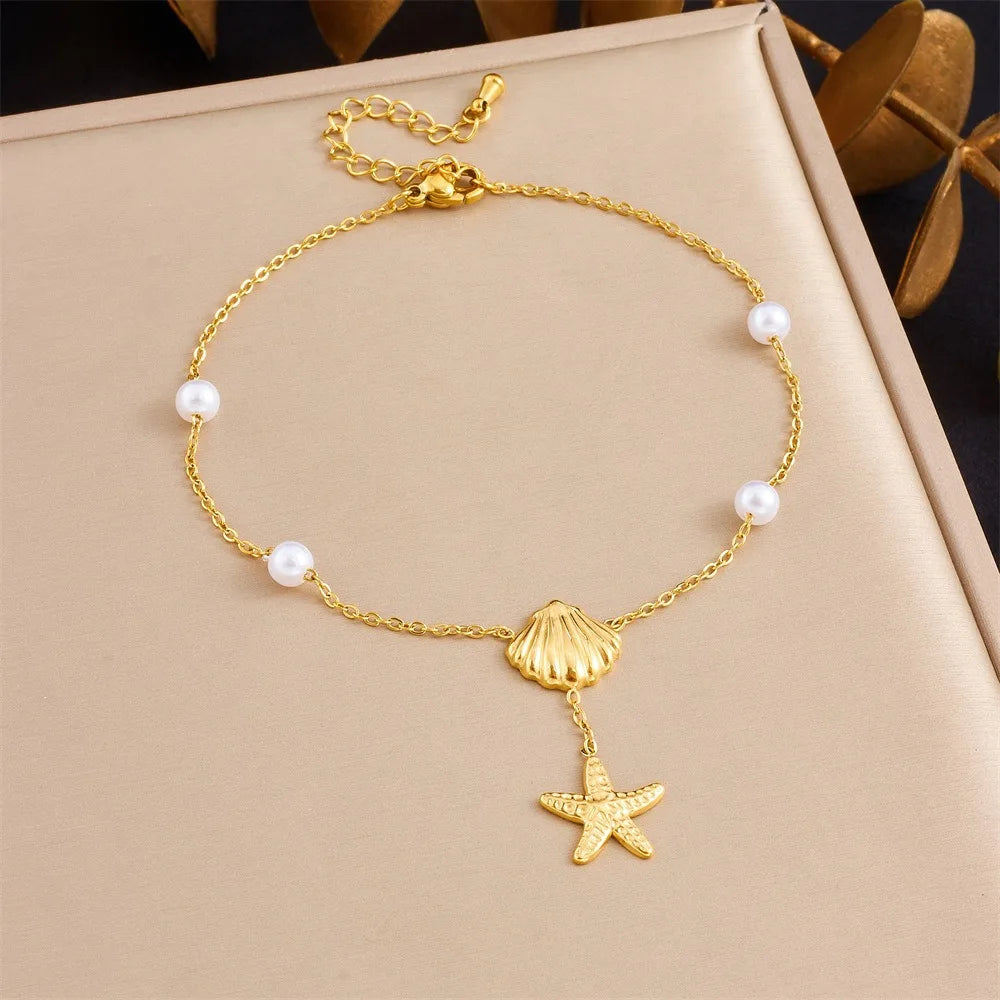 Classic Stainless Steel Dolphin Starfish Shell Pendant Pearl Anklet