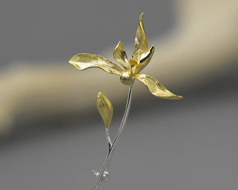 Trendy 925 Sterling Silver 3D Orchid Flower Brooch