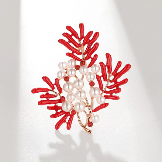 Luxury  Red Maple Leaf Coral Pearl Brooch
