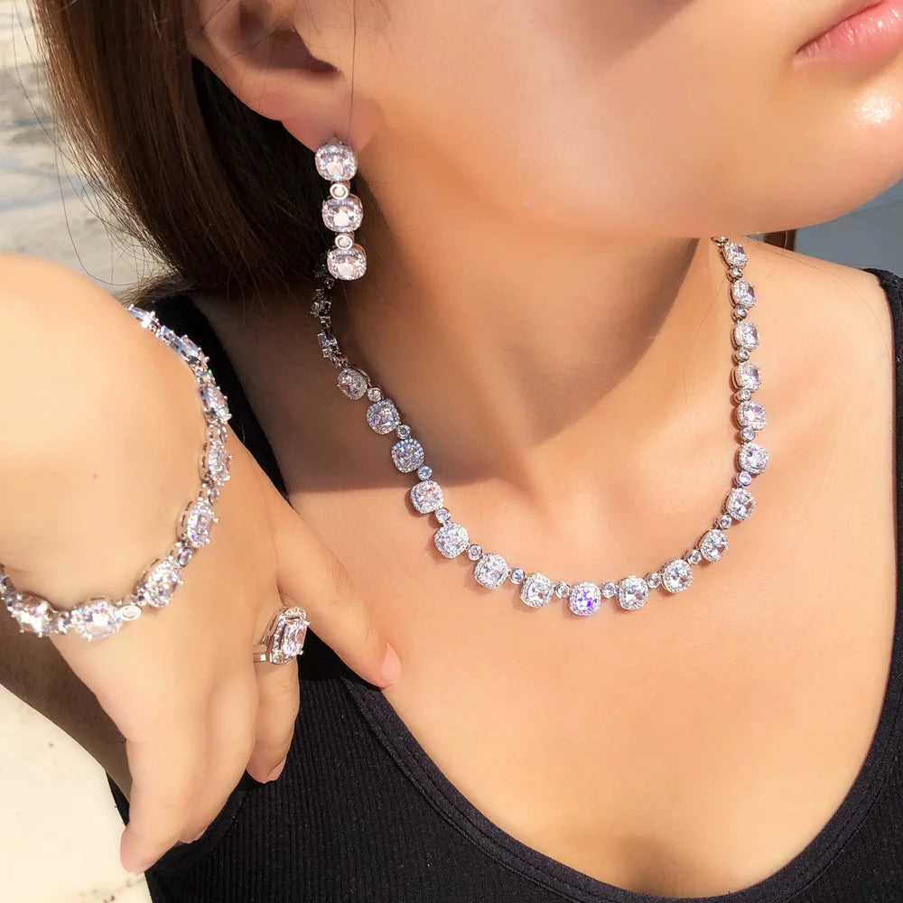 Sleek 4Pcs Square Cubic Zirconia Paved Jewelry Sets