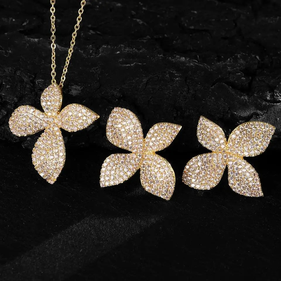 Elegant Petal Design Copper Micro-inlaid Zircon Simple Two-piece Set