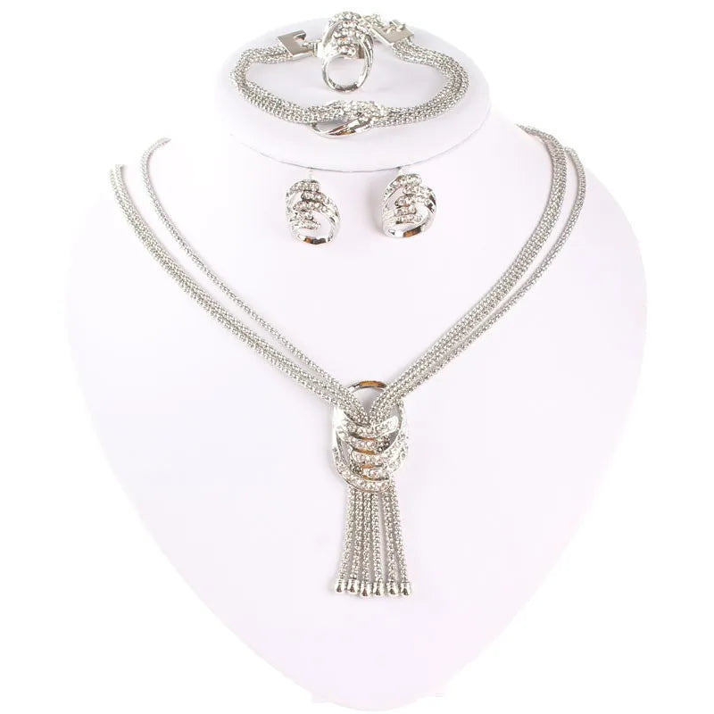 Stylish Jewelry Sets Gold Color Crystal Necklace Bangle Earring Ring