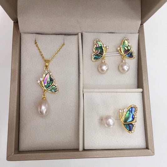 Unique Shell Butterfly Shaped Natural Fresh Water Pearl Jewelry Set