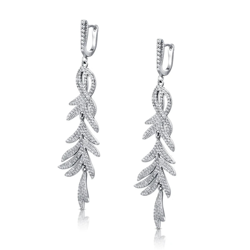 Sparkling White Cubic Zirconia Dangling Leaf Earrings