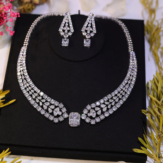 Chic Shiny Square Light White CZ Crystal Necklace and Earrings Jewelry Sets