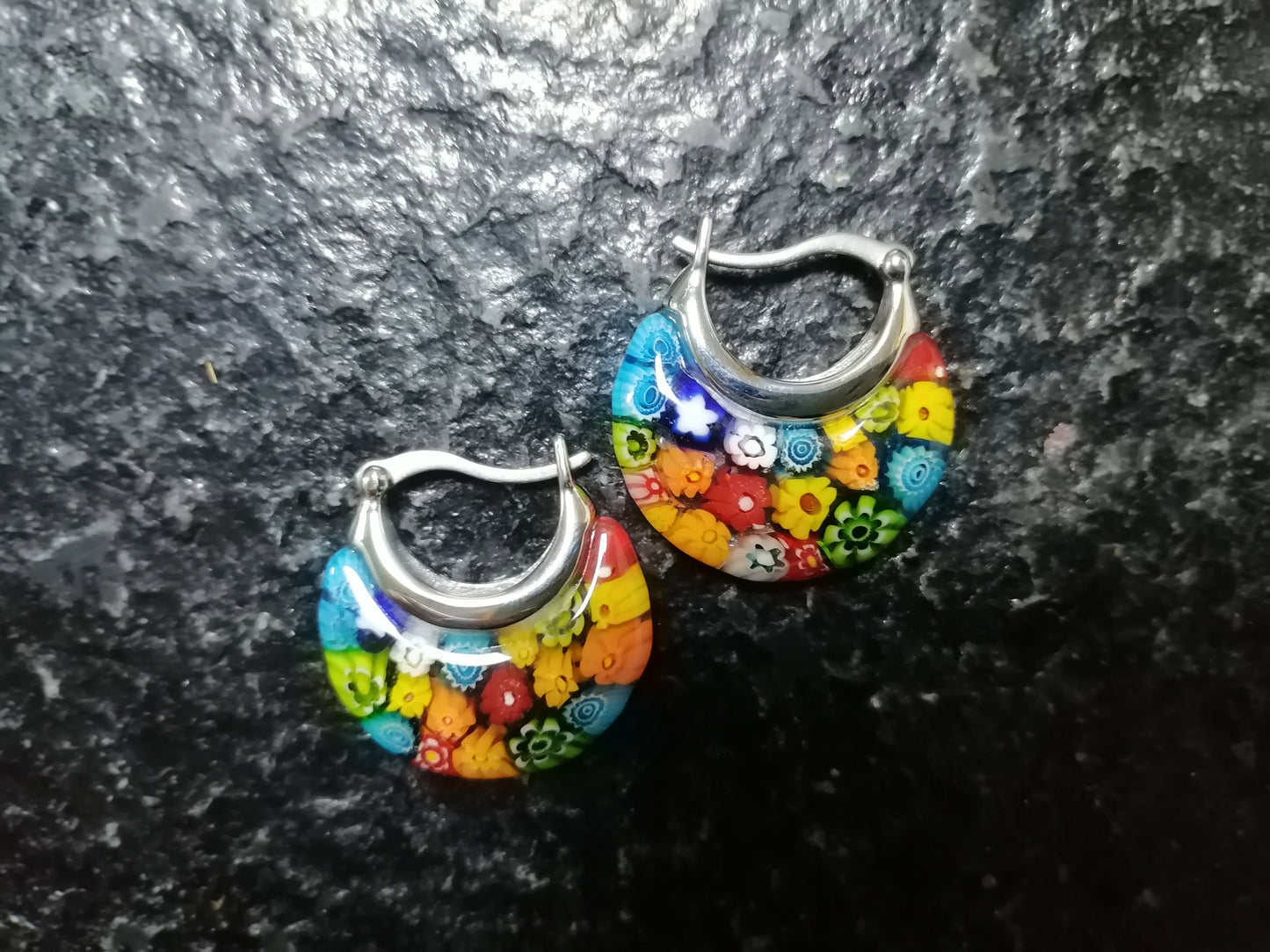 Colorful Glass Daisy Flower Stainless Steel Hoop Earrings