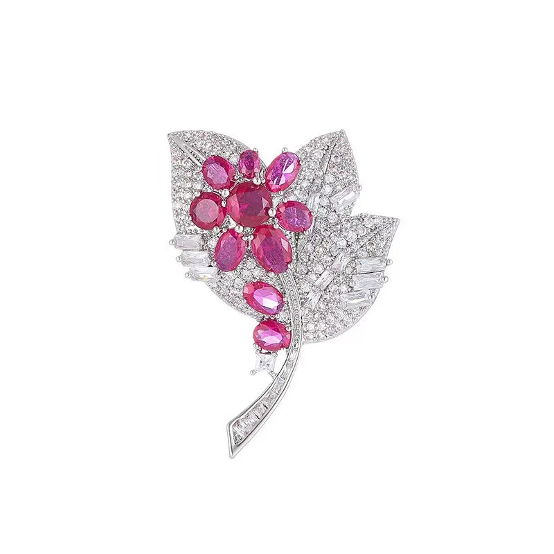 Shimmering Ruby Leaves Flower Brooch