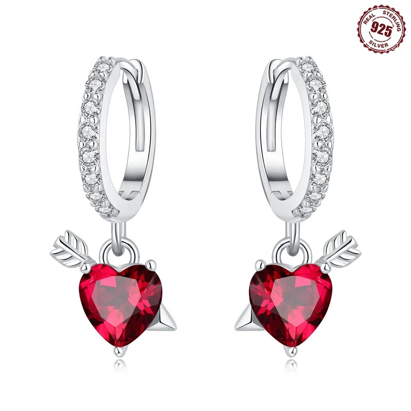 Adorable Color Heart Charm 925 Sterling Silver Hoop Earrings