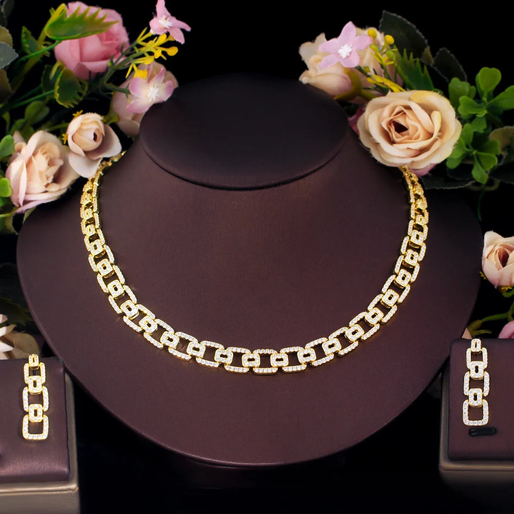 Sleek CWW Cubic Zirconia Cuban Chain Link Necklace and Earrings Jewelry Sets