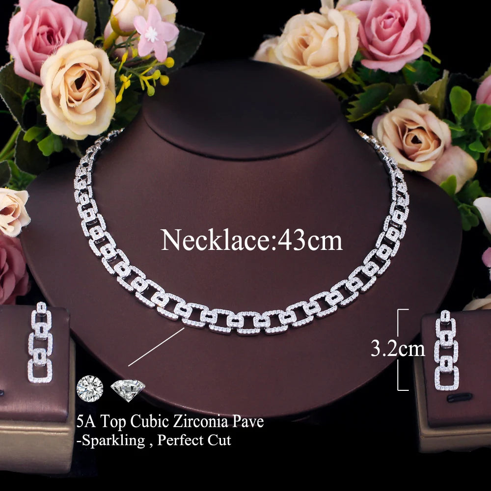 Sleek CWW Cubic Zirconia Cuban Chain Link Necklace and Earrings Jewelry Sets