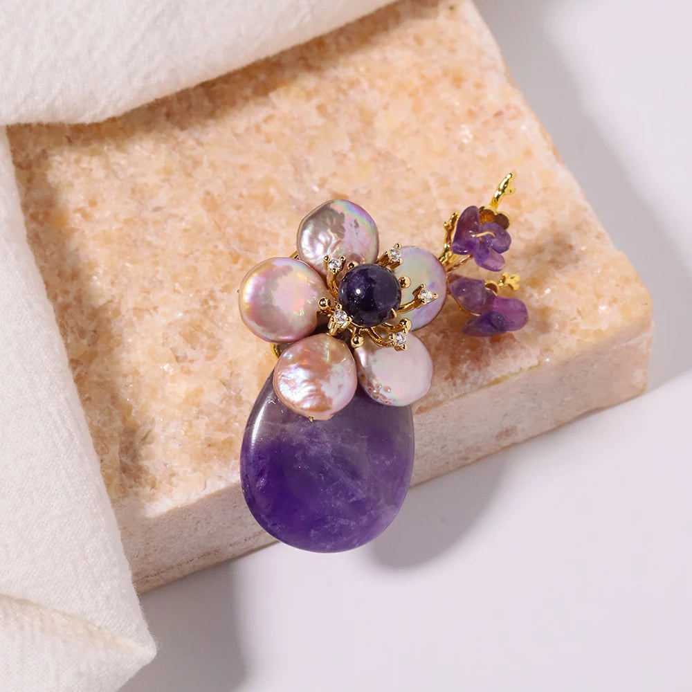 Luxurious Natural Pearl Amethyst Baroque Flower Branch Brooch