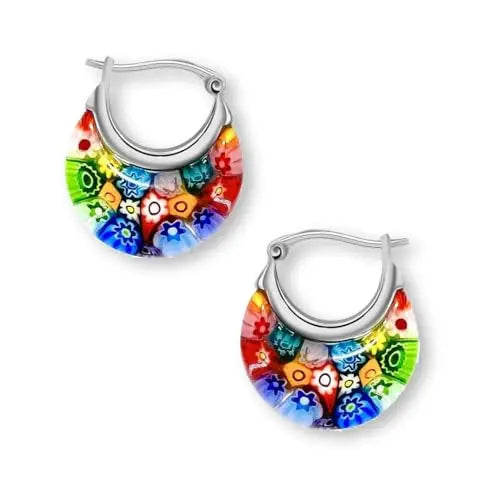 Colorful Glass Daisy Flower Stainless Steel Hoop Earrings
