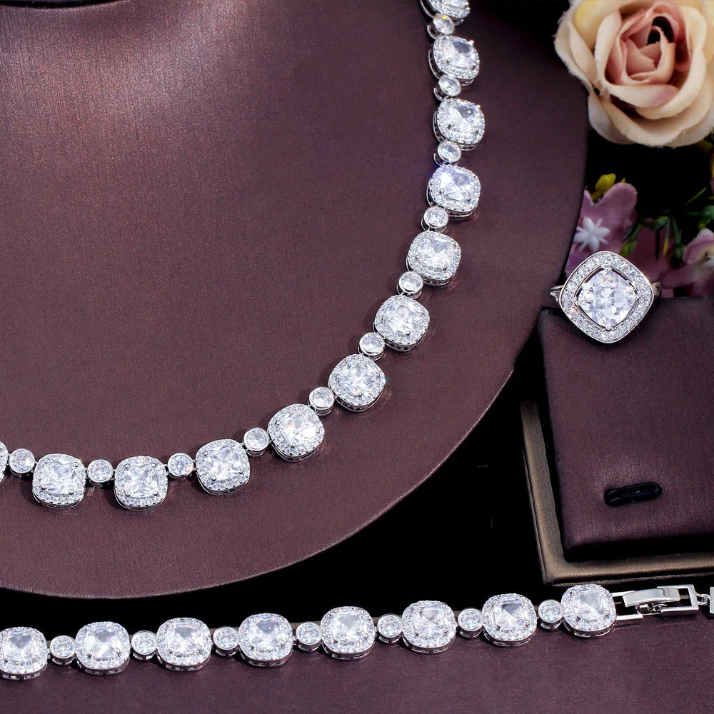Sleek 4Pcs Square Cubic Zirconia Paved Jewelry Sets