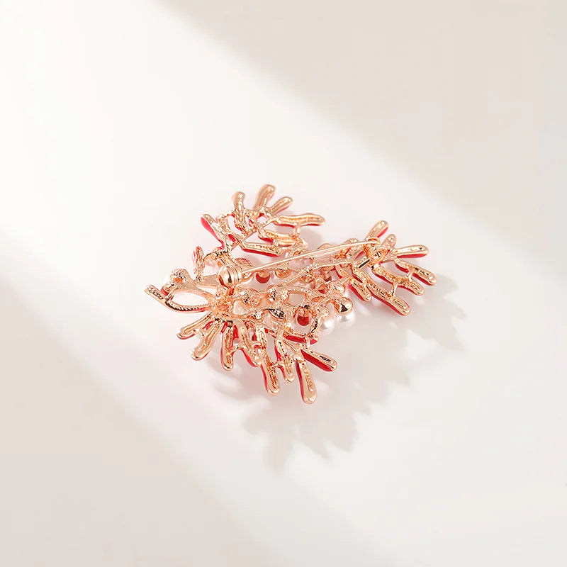 Luxury  Red Maple Leaf Coral Pearl Brooch
