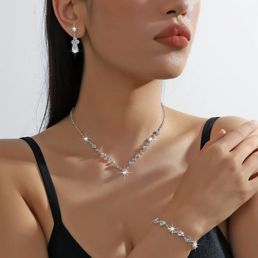 Glamorous Black & Silver Crystal Jewelry Set with Long Tassel Rhinestone Earrings