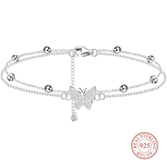 Delicate 925 Sterling Silver Layered Butterfly & Heart Beaded Adjustable Anklet