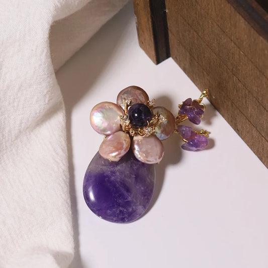 Luxurious Natural Pearl Amethyst Baroque Flower Branch Brooch