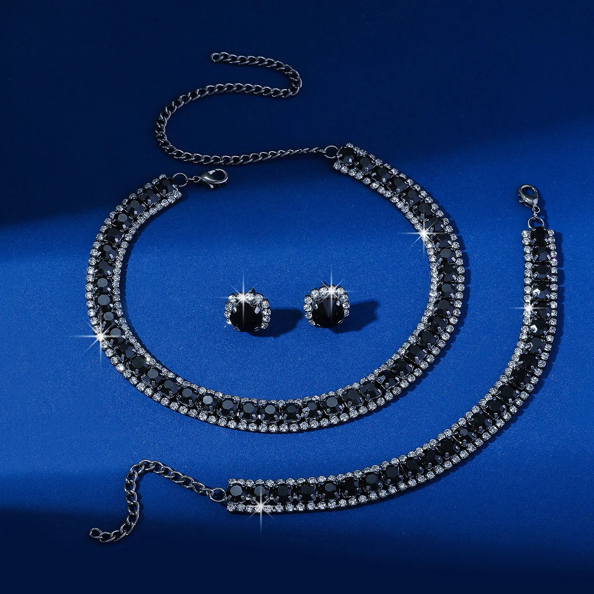 Elegant Black, Green, Blue & Gold Crystal Jewelry Set