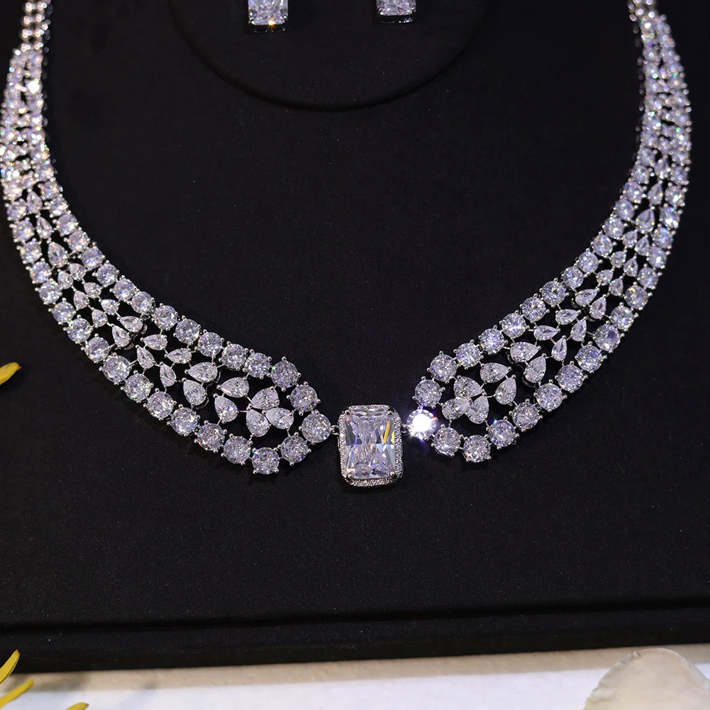 Chic Shiny Square Light White CZ Crystal Necklace and Earrings Jewelry Sets