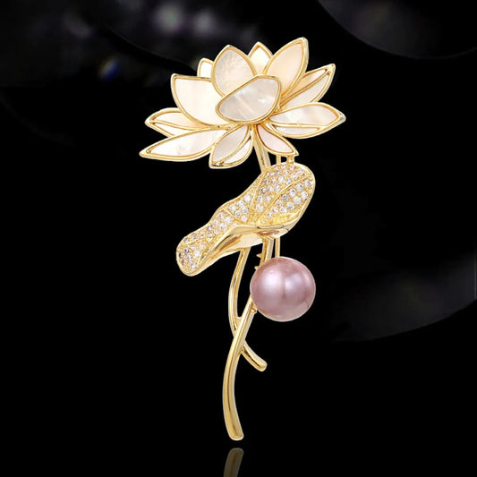 Vintage Elegant Shell Purple Pearl Lotus Flower Brooches