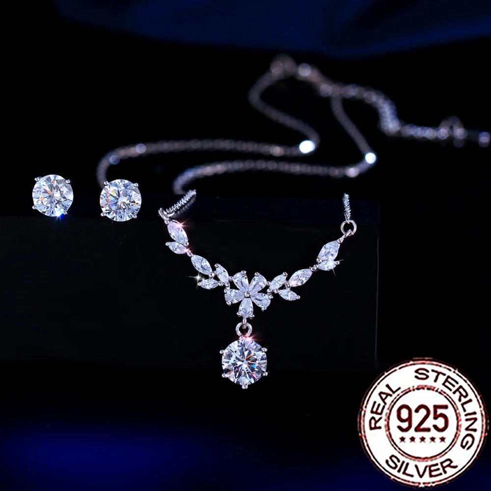 Delicate Zircons 925 Sterling Silver Leaf Flower Jewelry Set