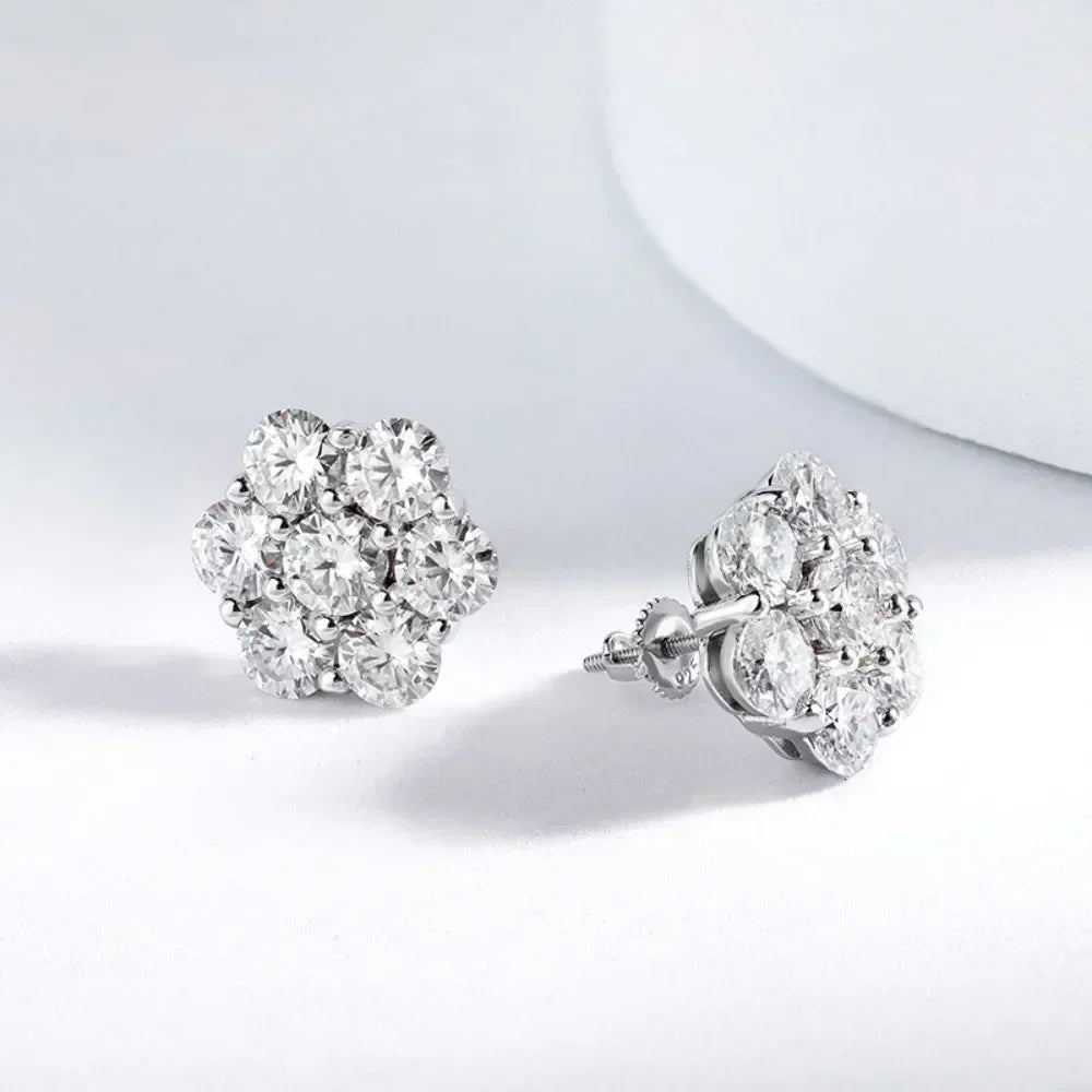 Timeless Flower Moissanite Stud Earrings – 7CT Cluster in 925 Silver
