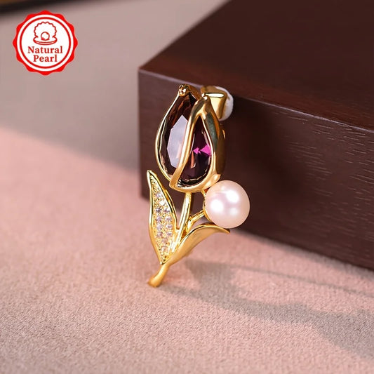 Elegant Flat Freshwater Pearl Brooch – Vintage Tulip Flower Design