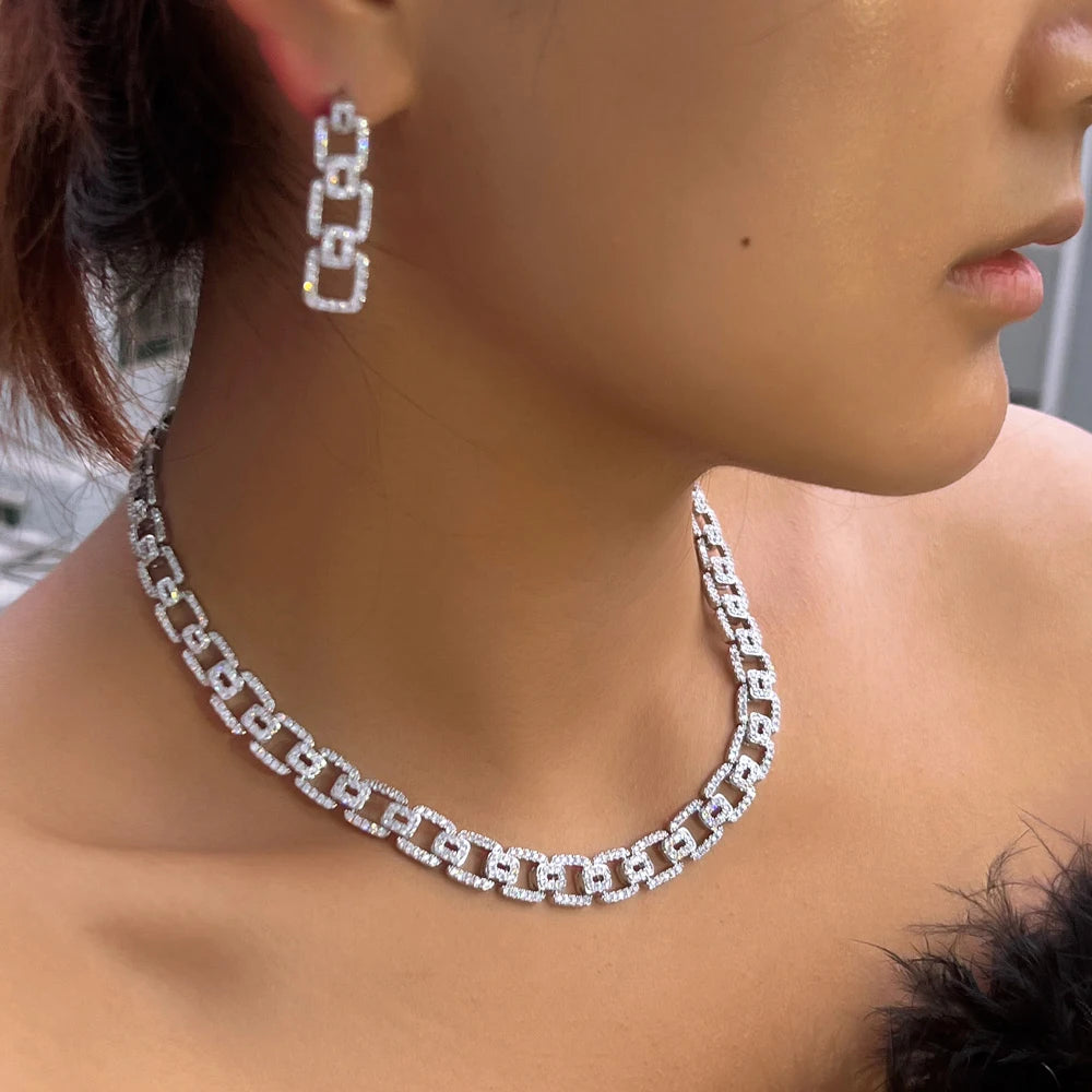 Sleek CWW Cubic Zirconia Cuban Chain Link Necklace and Earrings Jewelry Sets