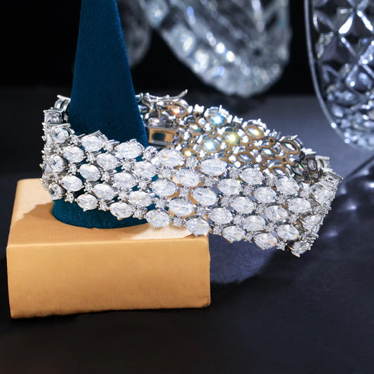 Glamorous Sparkly Cubic Zirconia Silver-Tone Wide Statement Bracelet