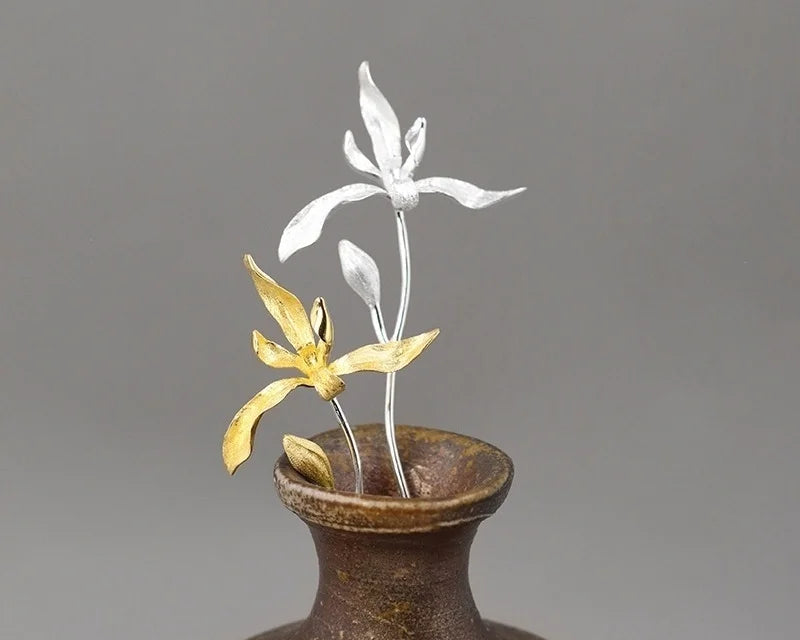 Trendy 925 Sterling Silver 3D Orchid Flower Brooch