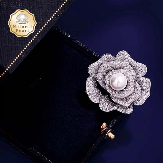 Sparkling Freshwater Pearl in 3D Flower Design Brooch