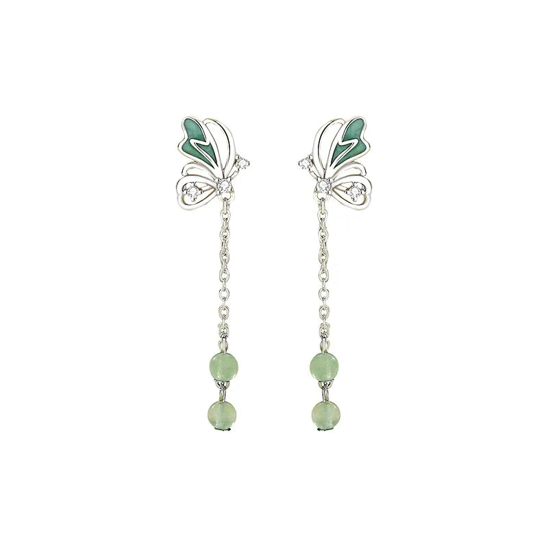 Elegant Green Crystal Butterfly Tassel Earrings – S925 Silver Fashion Design