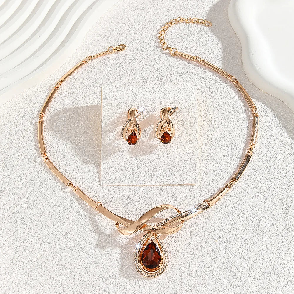 Luxury Gold Plated Dark Brown Crystal Necklace Earrings Jewelry Sets