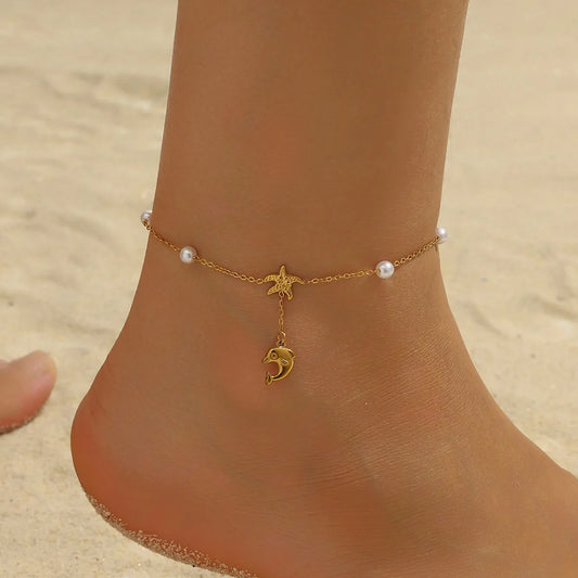 Classic Stainless Steel Dolphin Starfish Shell Pendant Pearl Anklet
