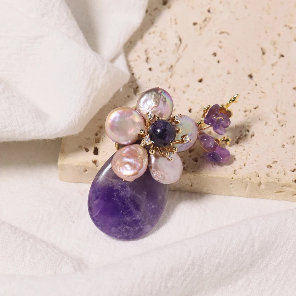Luxurious Natural Pearl Amethyst Baroque Flower Branch Brooch