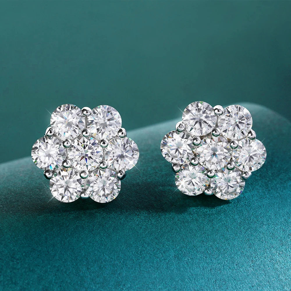 Timeless Flower Moissanite Stud Earrings – 7CT Cluster in 925 Silver