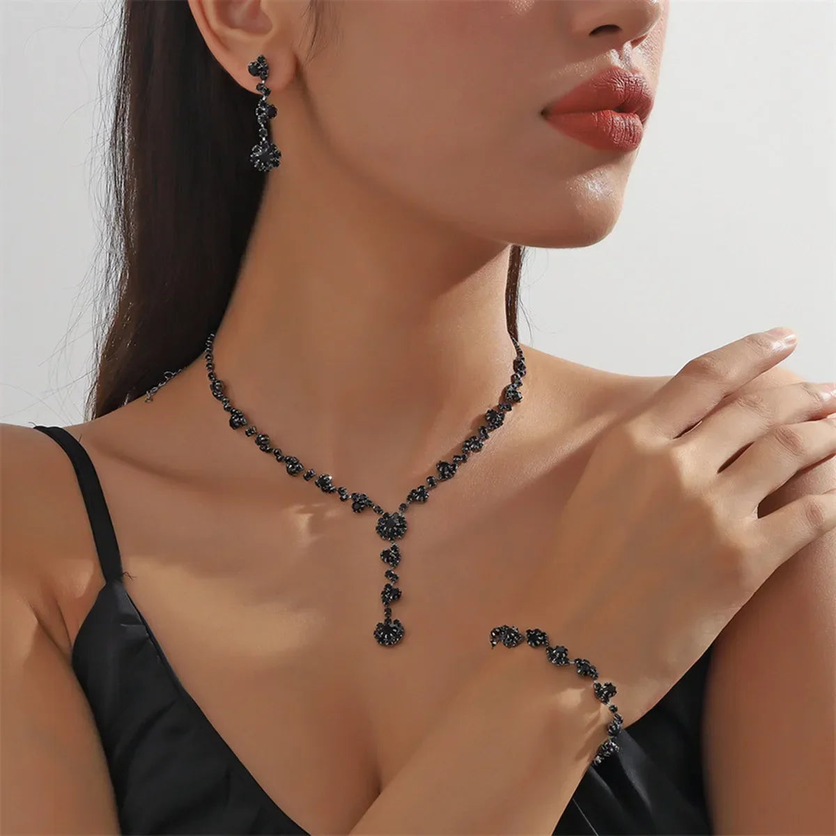 Glamorous Black & Silver Crystal Jewelry Set with Long Tassel Rhinestone Earrings