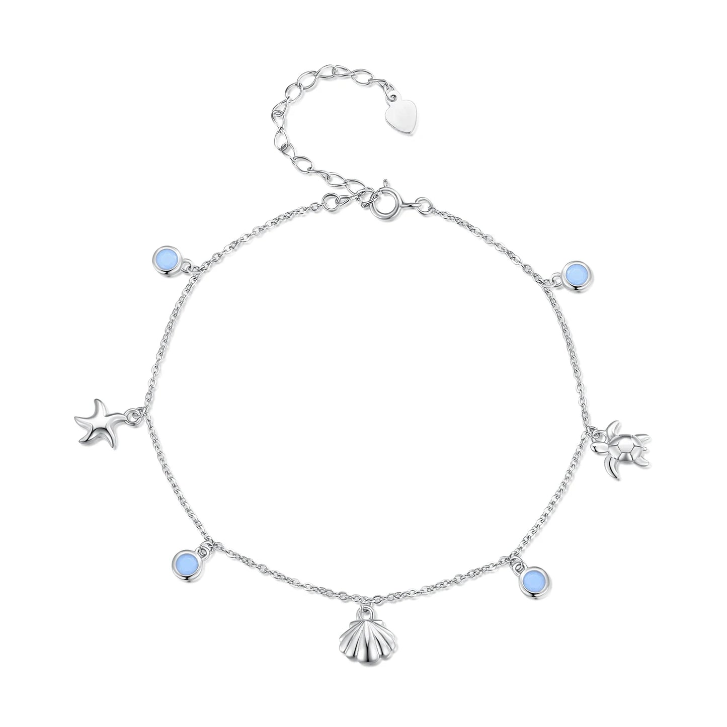 Graceful 925 Sterling Silver Sea Turtle Starfish Shell Charms Anklet